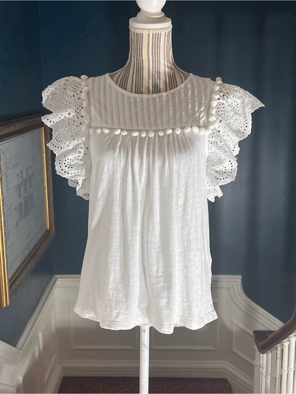 White Eyelet Flutter Sleeve Women's Top j crew XS T436 Pom Pom